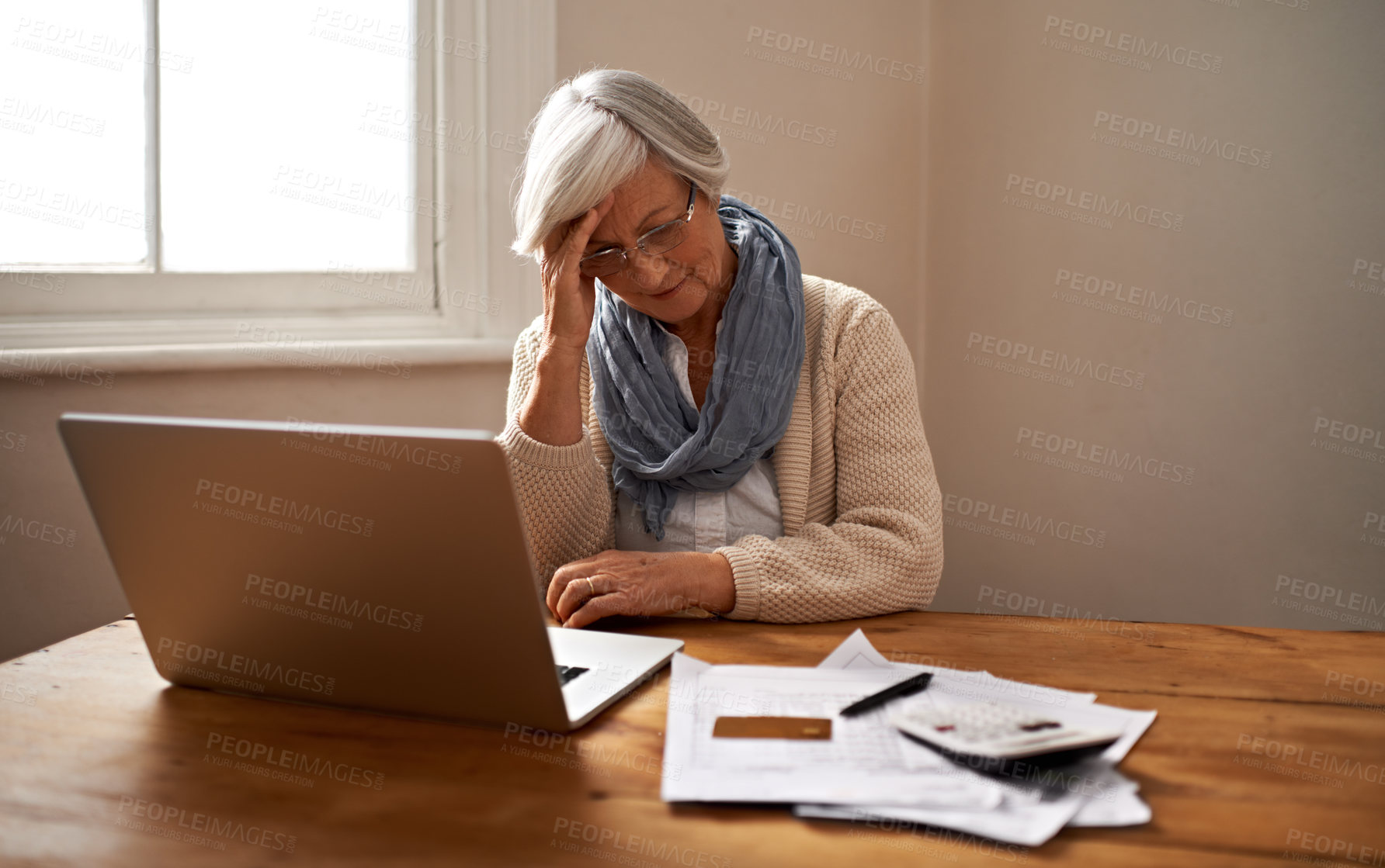 Buy stock photo Senior woman, stress and laptop for bankruptcy in home, worry and paperwork for tax return or insurance. Elderly female person, frustrated and document for retirement plan, fail and mistake in budget