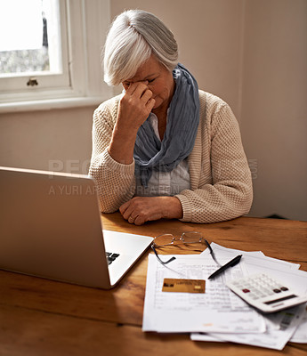 Buy stock photo Senior woman, stress and laptop for eye strain in home, worry and paperwork for tax return or insurance. Elderly female person, frustrated and documents for bankruptcy, fail and mistake in budget