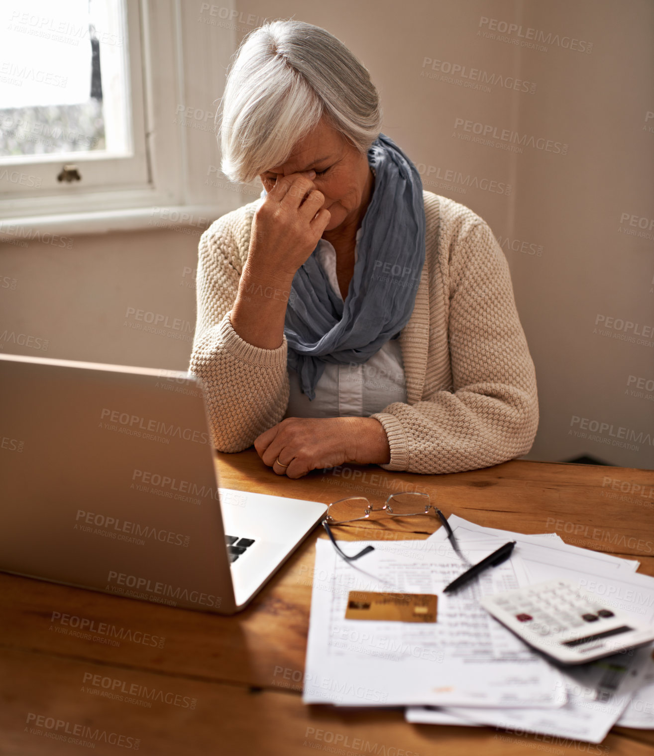 Buy stock photo Senior woman, stress and laptop for eye strain in home, worry and paperwork for tax return or insurance. Elderly female person, frustrated and documents for bankruptcy, fail and mistake in budget
