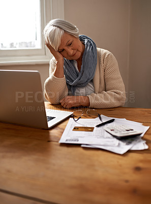 Buy stock photo Senior woman, stress and laptop for inflation in home, worry and paperwork for tax return or insurance. Elderly female person, frustrated and documents for bankruptcy, fail and mistake in budget