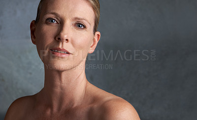 Buy stock photo Mature woman, skin care and portrait with natural beauty and cosmetic dermatology. Isolated, gray background and female person face with facial treatment and mock up with anti aging cosmetics