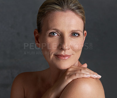 Buy stock photo Portrait, skincare and senior woman with cosmetics, beauty and dermatology against studio background. Face, mature female person and old lady with salon treatment, hygiene and grooming with soft skin