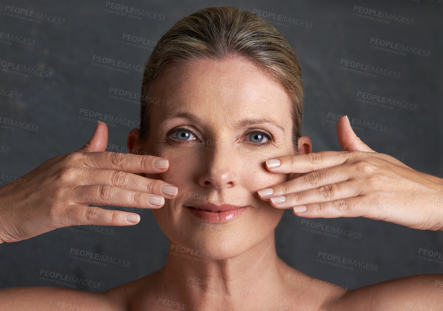 Buy stock photo Skincare, portrait and mature woman with touching face and in studio background. Grooming for cosmetics or dermatology headshot of person, facial and wellness of female middle age model in back drop