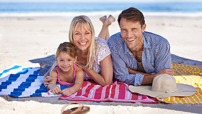 Buy stock photo Portrait, relax and beach with family, vacation and summer with weekend break and happiness. Face, parents and mother with father and daughter with holiday and seaside with tropical island and smile