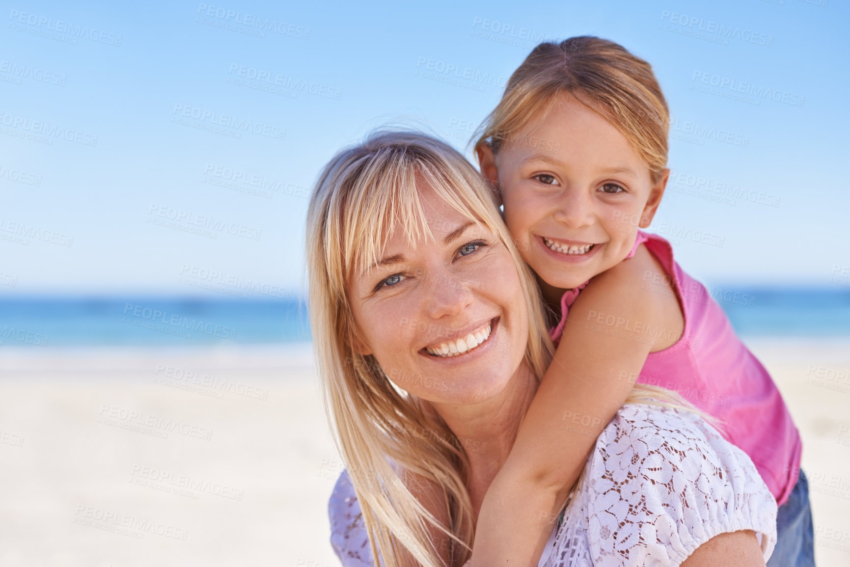 Buy stock photo Portrait, mother and happy kid on beach for holiday, summer or vacation on mockup space with piggyback. Face, mom and smile of girl at ocean for adventure, travel or family bonding together outdoor