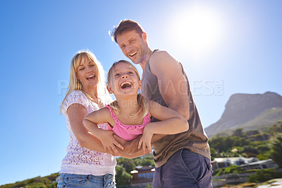 Buy stock photo Beach, airplane and parents with girl, family and happiness with sunshine and weekend break. Flying, mother and father with daughter and kid with fun and vacation with holiday, smile and getaway trip