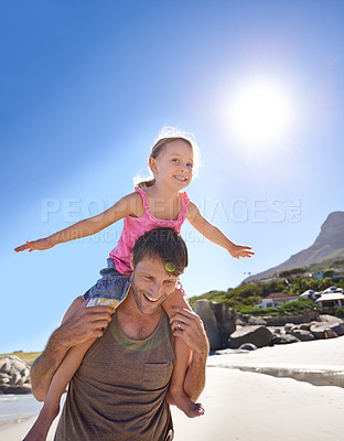 Buy stock photo Airplane, piggyback and father with daughter at a beach for travel, fun or bonding in nature with freedom. Love, support dad with girl at the ocean for back ride games, flying or adventure in Cancun