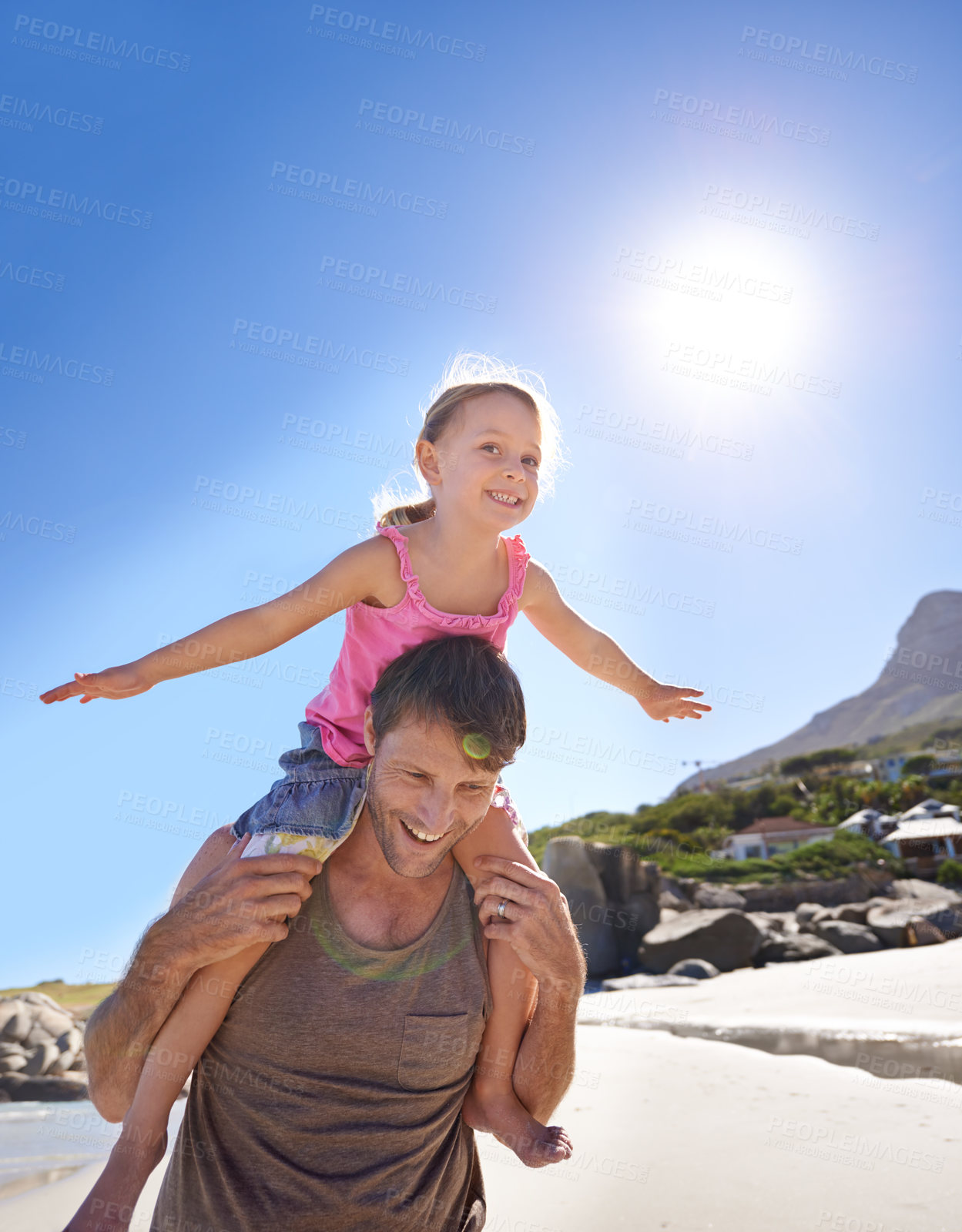 Buy stock photo Airplane, piggyback and father with daughter at a beach for travel, fun or bonding in nature with freedom. Love, support dad with girl at the ocean for back ride games, flying or adventure in Cancun