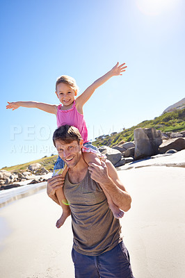 Buy stock photo Portrait, man and girl on shoulder for play, vacation and bonding together on beach in New Zealand. Father, carry or daughter for holiday, happiness or sunlight for fun, family or game on summer day