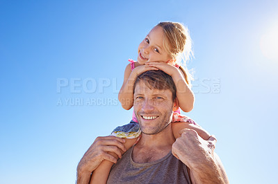 Buy stock photo Portrait, dad and shoulder to carry girl for family, game and bonding together on sunny day. Blue sky, papa and young daughter for fun walk, happiness and sunshine on vacation in South Africa
