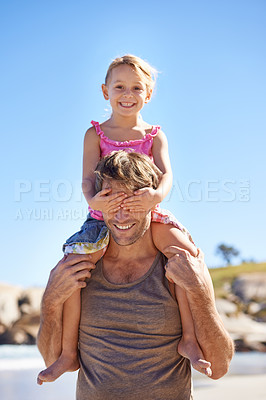 Buy stock photo Portrait, dad and shoulder to carry girl for family, game and bonding together on summer beach day. Blue sky, papa and young daughter for fun walk, happiness and sunshine on vacation in Spain