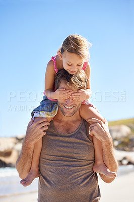 Buy stock photo Smile, dad and shoulder to carry child for family, game and bonding together on summer beach day. Blue sky, papa and young female kid for fun walk, happiness and sunshine on vacation in Brazil