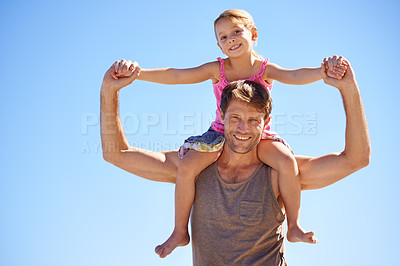 Buy stock photo Airplane, piggyback or father with daughter portrait at a beach for travel, fun or bonding in nature. Love, support dad with girl at the ocean for back ride games, flying or journey freedom in Cancun