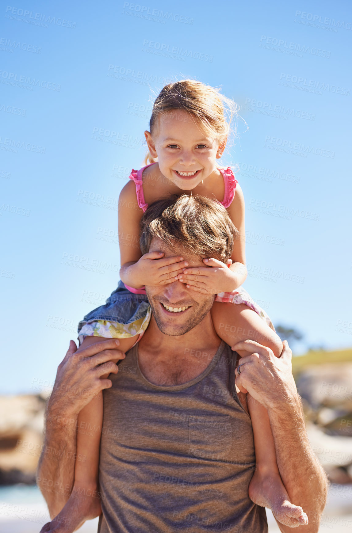 Buy stock photo Portrait, man and girl on shoulder for vacation, play and bonding together in countryside in Greece. Father, carry or daughter for holiday, happiness or sunlight for fun, family or game on summer day