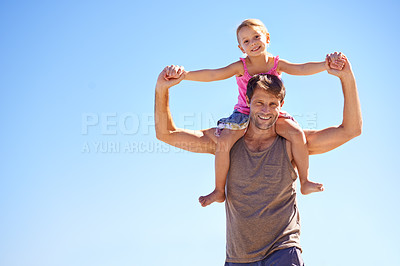 Buy stock photo Holding hands, piggyback or father and daughter portrait at a beach for travel, fun or bonding in nature. Love, support dad with girl at sea for back ride games, airplane or journey freedom in Cancun