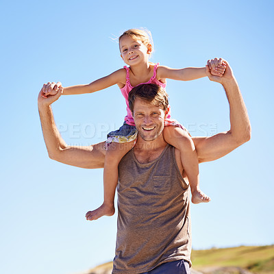 Buy stock photo Portrait, piggyback or father and daughter holding hands at a beach for travel, fun or bonding in nature. Love, support dad with girl at sea for back ride games, airplane or journey freedom in Cancun