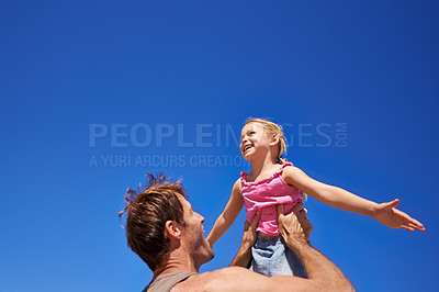 Buy stock photo Fly, father and girl with fun, smile and happiness with family, sky background and weekend break. Outdoor, nature and dad carrying daughter with wellness and support with summer, freedom and play