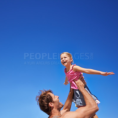 Buy stock photo Fly, father and girl with fun, playing and happiness with family, sky background and smile. Outdoor, nature and dad carrying daughter with wellness and weekend break with summer, freedom and energy