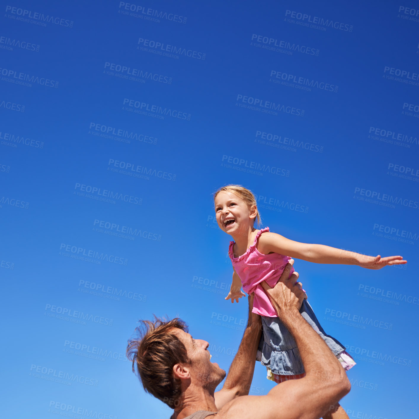 Buy stock photo Fly, father and girl with fun, playing and happiness with family, sky background and smile. Outdoor, nature and dad carrying daughter with wellness and weekend break with summer, freedom and energy