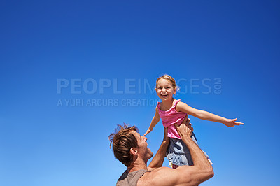 Buy stock photo Fly, father and girl with happiness, airplane and weekend with family, sky background and smile. Outdoor, nature and dad carrying daughter with wellness and energy with summer, freedom and vacation