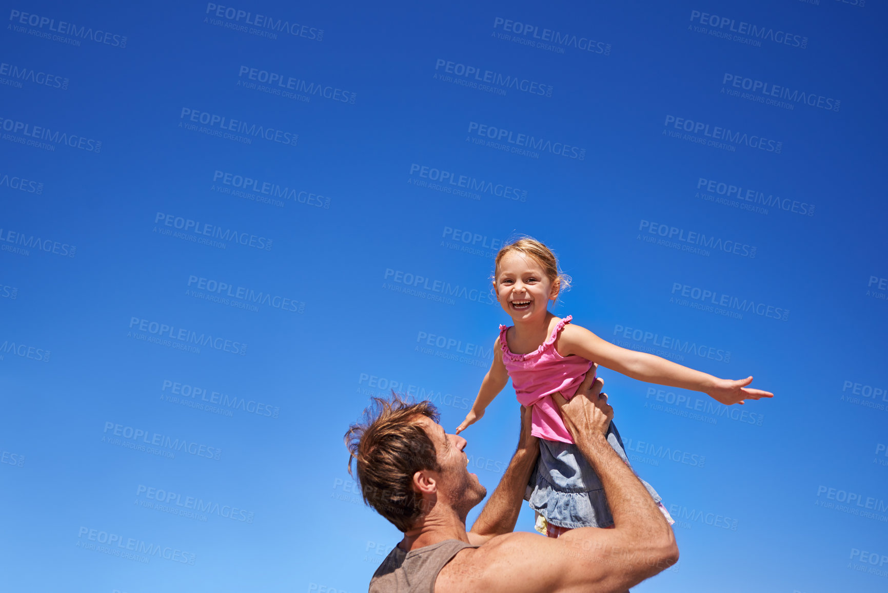 Buy stock photo Fly, father and girl with happiness, airplane and weekend with family, sky background and smile. Outdoor, nature and dad carrying daughter with wellness and energy with summer, freedom and vacation