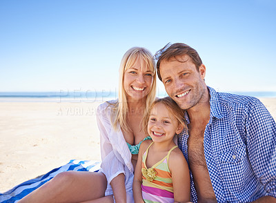 Buy stock photo Portrait, family at the beach and parents with child outdoor, holiday in Sydney for summer and happy together. Man, woman and young girl with hug, adventure and travel, trust and support with bonding