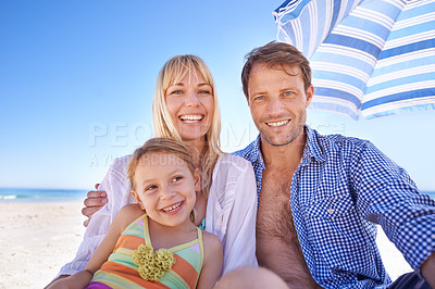 Buy stock photo Family, beach and parents with child for travel, holiday in Sydney for summer and happy together. Man, woman and young girl in portrait with sea for adventure, trust and support with bonding outdoor