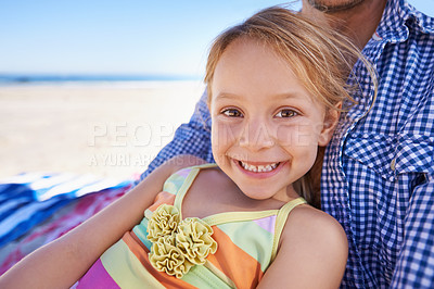 Buy stock photo Portrait, beach and father with girl, smile and relax with happiness and family with vacation. Face, single parent and dad with daughter and bonding together with childhood and seaside with summer