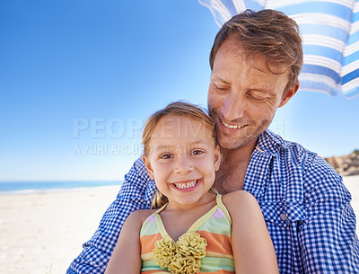 Buy stock photo Father, girl and happy at beach for bonding on vacation in sunny weather with smile, fun and enjoy. Family, dad and  daughter on break for summer holiday in outdoor with travel for leisure and relax