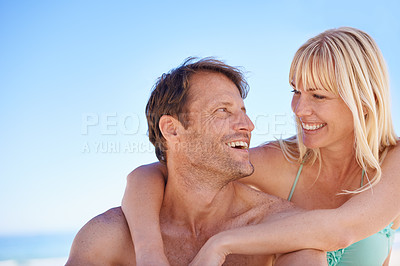 Buy stock photo Love, hug and happy couple at a beach with support, gratitude and bonding in nature together. Travel, face and people embrace at the ocean for adventure, romance and summer fun or holiday in Jakarta
