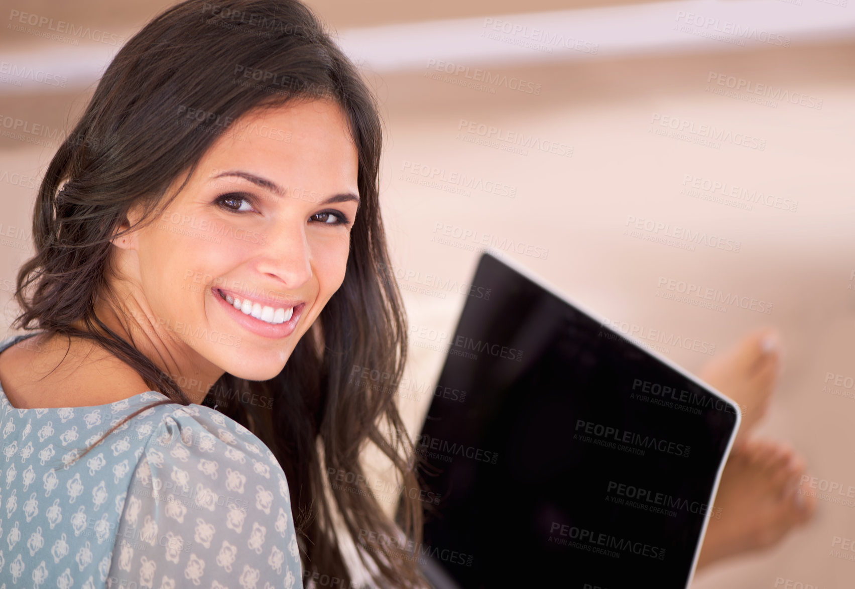 Buy stock photo Woman, blank laptop and smile on sofa with remote work from home, living room or freelance editing. Person, writer and computer in portrait for typing, mock up space and article on web in Barcelona