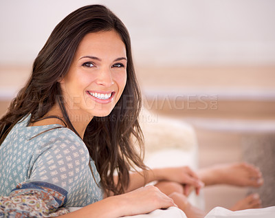 Buy stock photo Portrait, couch or happy woman in a house to relax on holiday in hotel, home or apartment living room. Lady, sofa or female person with smile, wellness or confidence on vacation break to rest alone