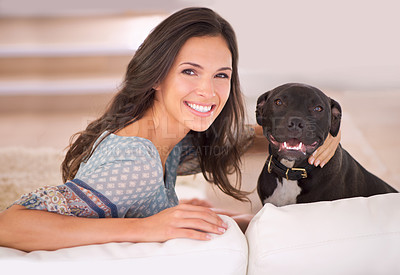 Buy stock photo Dog, portrait or happy woman in home to relax on living room sofa on holiday in house or apartment. Animal care, love or female person with peace, wellness or support on break for bonding with pet