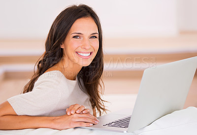 Buy stock photo Woman, laptop and smile on sofa with remote work from home in portrait, living room and freelance editing. Person, writer and happy with pc on couch for typing, creativity and article in Barcelona