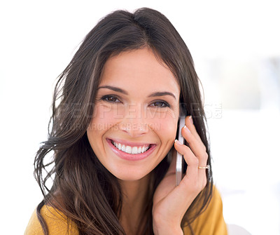 Buy stock photo Woman in portrait, phone call and communication with contact, happy chat and connectivity with tech for mobile user. Good news, information and smile for conversation with smartphone and network
