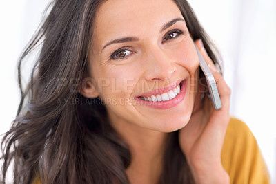 Buy stock photo Happy woman in portrait, phone call and communication with contact, chat and connectivity with tech for mobile user. Good news, information and smile for conversation with smartphone and network