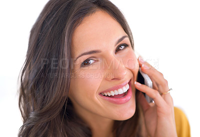 Buy stock photo Woman in portrait, phone call and communication with chat, happy and connectivity with tech for mobile user. Good news, information and smile for conversation, smartphone and network with positivity