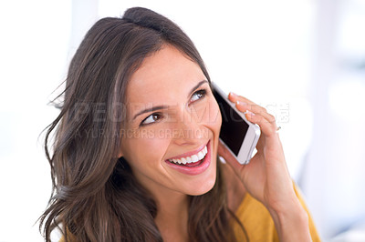 Buy stock photo Woman, phone call and communication with contact, happy chat and connectivity with tech for mobile user. Good news, information and smile for conversation, smartphone and network with positivity