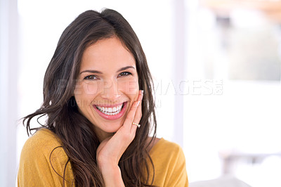 Buy stock photo Portrait, laughing or happy woman in home to relax in living room on holiday in hotel, house or apartment. Face, joy or funny person with smile, wellness or confidence on break to rest for alone time