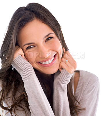 Buy stock photo Results, natural skincare or portrait of happy woman with white background, wellness or face beauty. Relax, studio or confident female person with smile, glow or smooth skin with cosmetic dermatology