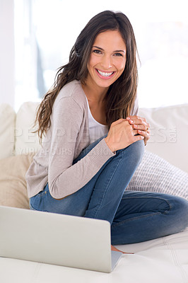 Buy stock photo Woman, couch and happy with laptop in living room with research for remote work, satisfied and smile for progress. Female person, home and online for freelance job with internet to search for website