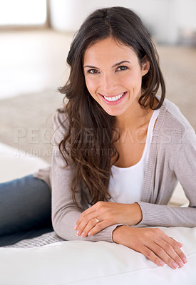 Buy stock photo Portrait, smile or happy woman on couch to relax in living room on holiday in hotel, house or apartment. Face, sofa or female person with peace, wellness or confidence on break to rest for alone time