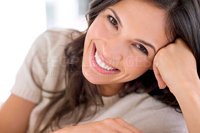 Buy stock photo Portrait, wellness or happy woman in home to relax in living room on holiday in hotel, house or apartment. Face, calm or female person with peace, smile or confidence on break to rest for alone time