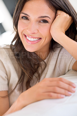 Buy stock photo Portrait, holiday and happy woman on couch to relax in living room on vacation in hotel, house or apartment. Face, sofa or person with peace, wellness or confidence on break to rest in alone time
