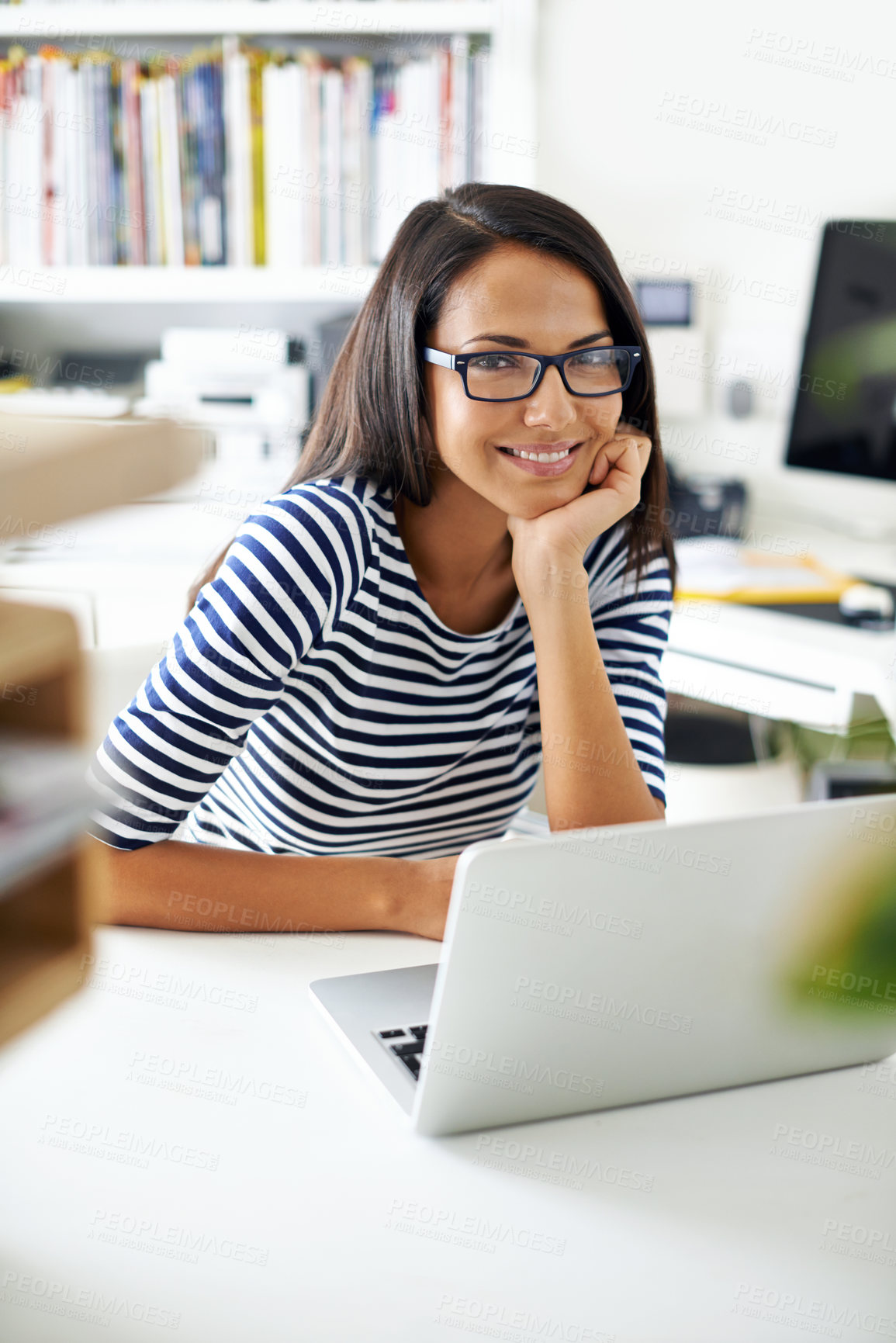 Buy stock photo Portrait, happy woman and student on laptop in home for remote learning, study or distance education at desk. Face, glasses and smile of freelancer on computer at table with technology in Brazil