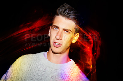 Buy stock photo Portrait, neon or party and man clubbing at night for disco, event or music with trippy lighting. Rave, techno and haze with young drunk person in nightclub for celebration on dark background