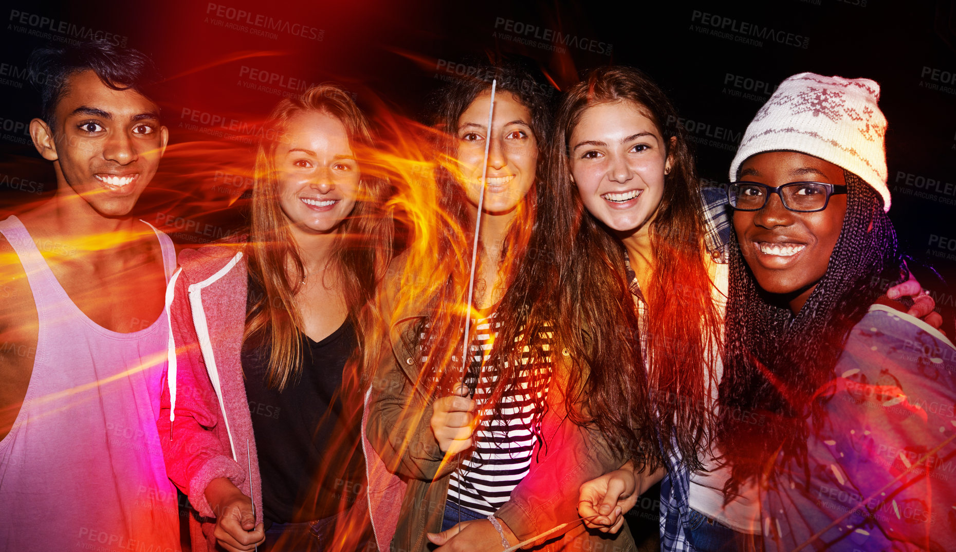 Buy stock photo Portrait, party and sparkler with people clubbing at night for disco, event or music with trippy lighting. Rave, techno and fireworks with young people in nightclub for celebration on dark background