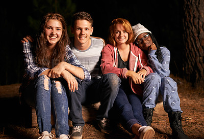 Buy stock photo Group of teenagers, hug and outdoor with portrait, friends and nature with environment and fun. People, girls and boy with embrace and forest with smile and cheerful with weekend, break or vacation