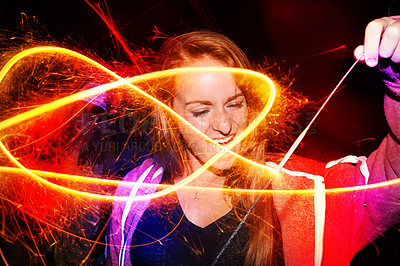 Buy stock photo Fireworks, night and outdoor with teenage girl, excited and shouting with happiness and cheerful. Person, outside and student with New Years party and event with celebration and evening with culture