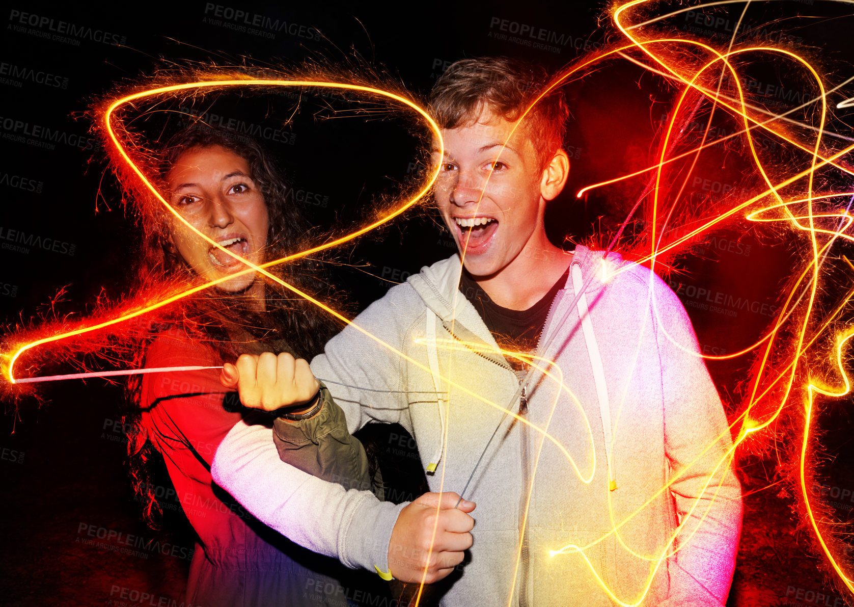 Buy stock photo Portrait, night and friends for party with fireworks, bright and celebration with neon color lights for fun. Young people, crazy or happy face by sparklers for patterns, teens or bonding on new year